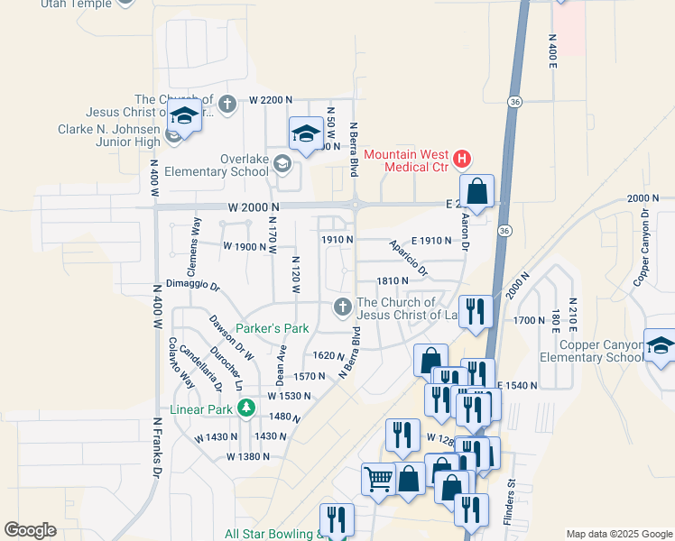map of restaurants, bars, coffee shops, grocery stores, and more near 1837 North Berra Boulevard in Tooele