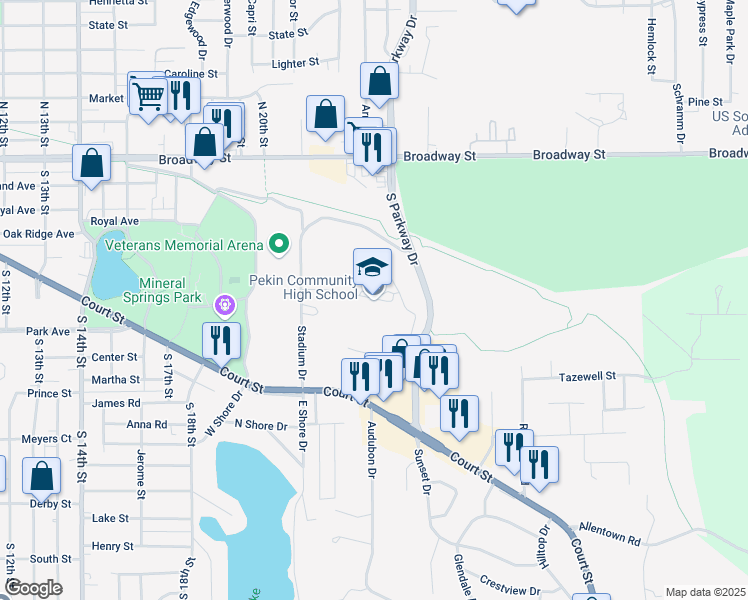 map of restaurants, bars, coffee shops, grocery stores, and more near 1903 Court Street in Pekin