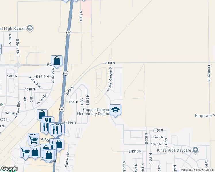 map of restaurants, bars, coffee shops, grocery stores, and more near 1826 North Blue Iris Avenue in Tooele