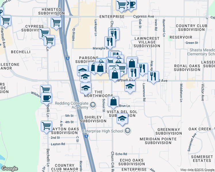 map of restaurants, bars, coffee shops, grocery stores, and more near 995 Hartnell Avenue in Redding