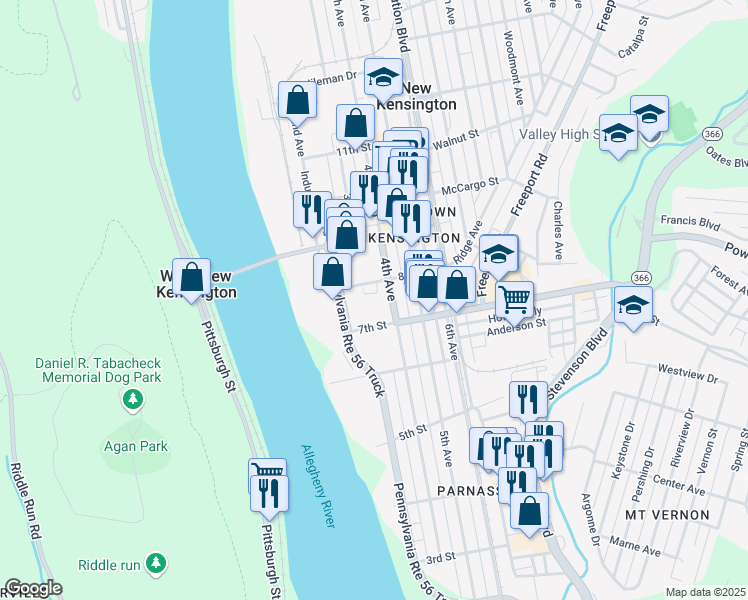 map of restaurants, bars, coffee shops, grocery stores, and more near 3 Kensington Square in New Kensington