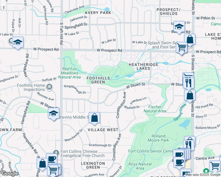 map of restaurants, bars, coffee shops, grocery stores, and more near 1706 Ridgewood Road in Fort Collins