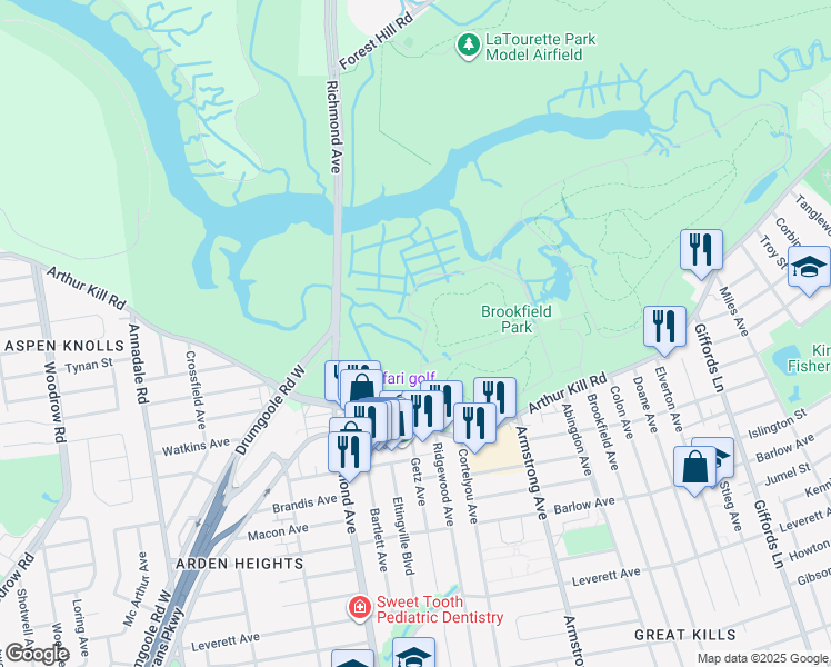 map of restaurants, bars, coffee shops, grocery stores, and more near 721 Arthur Kill Road in Staten Island