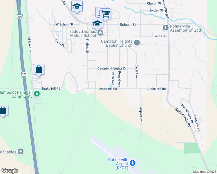 map of restaurants, bars, coffee shops, grocery stores, and more near 2929 Drake Hill Road in Fortuna