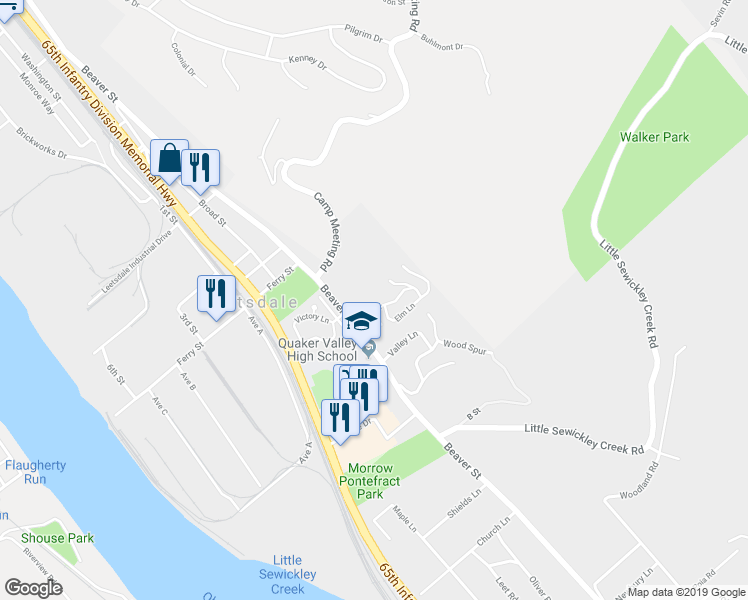 map of restaurants, bars, coffee shops, grocery stores, and more near 4 Oak Drive in Leetsdale