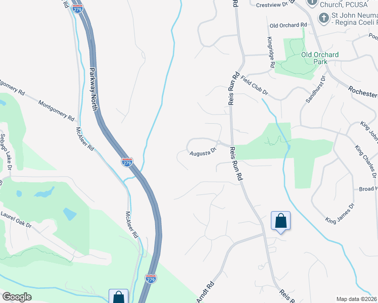 map of restaurants, bars, coffee shops, grocery stores, and more near 1621 Augusta Drive in Pittsburgh