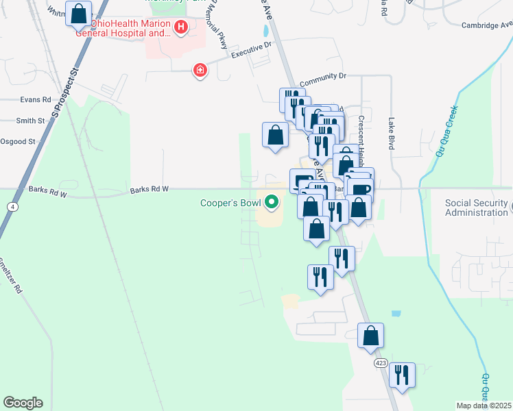 map of restaurants, bars, coffee shops, grocery stores, and more near 1410 Southland Parkway in Marion