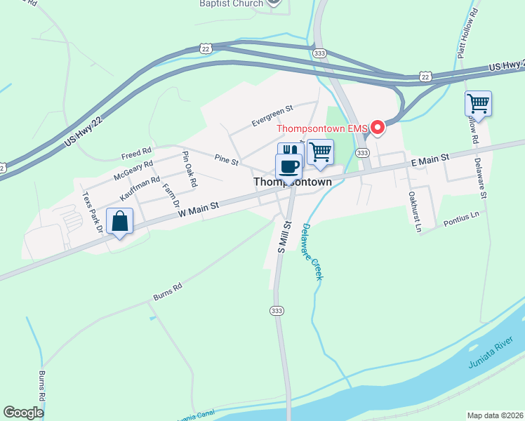 map of restaurants, bars, coffee shops, grocery stores, and more near 1910 Burns Road in Thompsontown