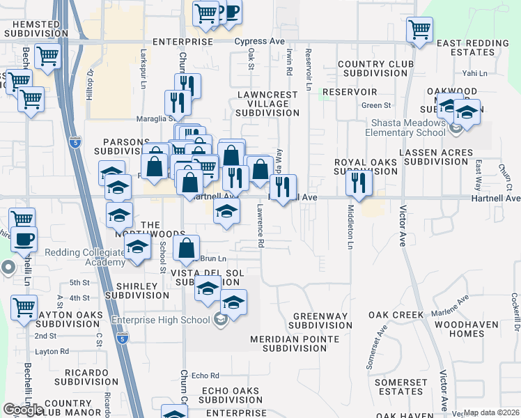 map of restaurants, bars, coffee shops, grocery stores, and more near 1195 Hartnell Avenue in Redding