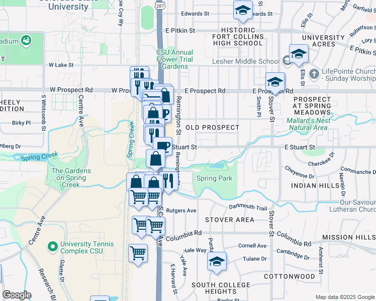 map of restaurants, bars, coffee shops, grocery stores, and more near 1808 Remington Street in Fort Collins