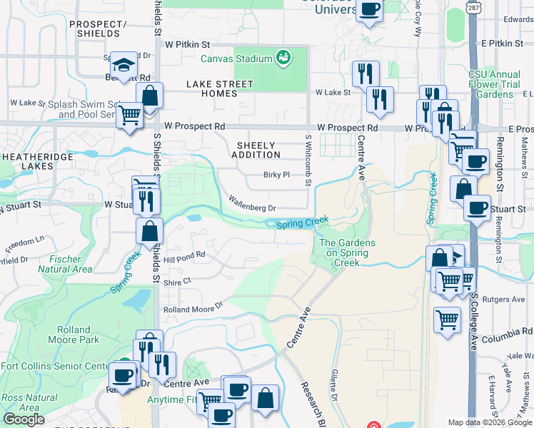 map of restaurants, bars, coffee shops, grocery stores, and more near 1905 Wallenberg Drive in Fort Collins