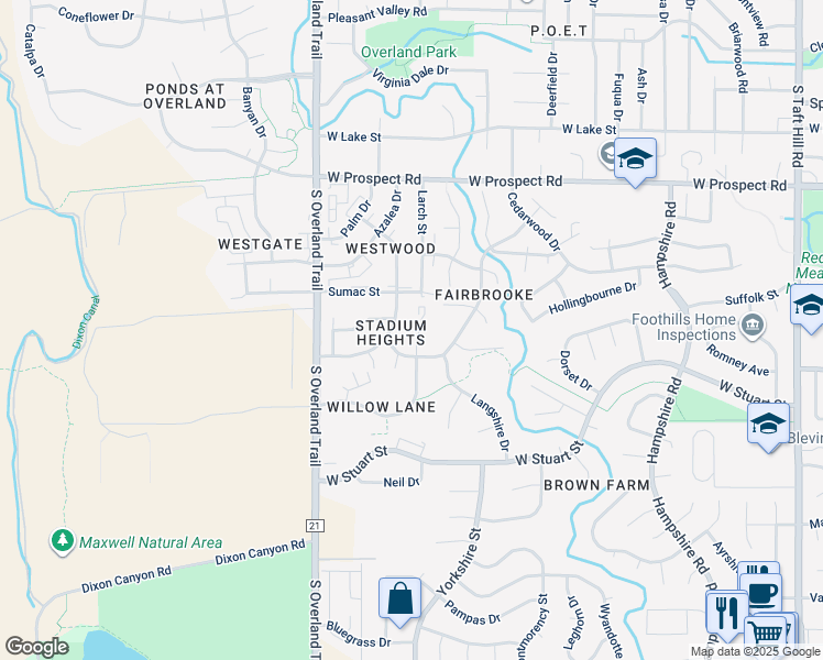 map of restaurants, bars, coffee shops, grocery stores, and more near 1925 Ross Court in Fort Collins