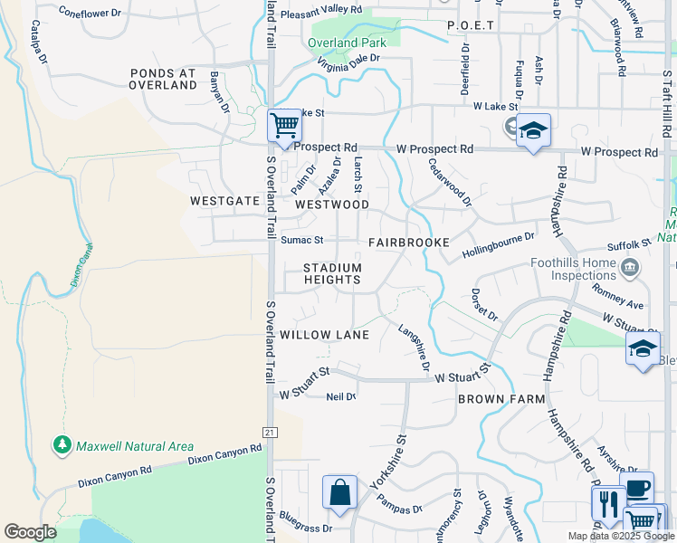 map of restaurants, bars, coffee shops, grocery stores, and more near 1925 Ross Court in Fort Collins