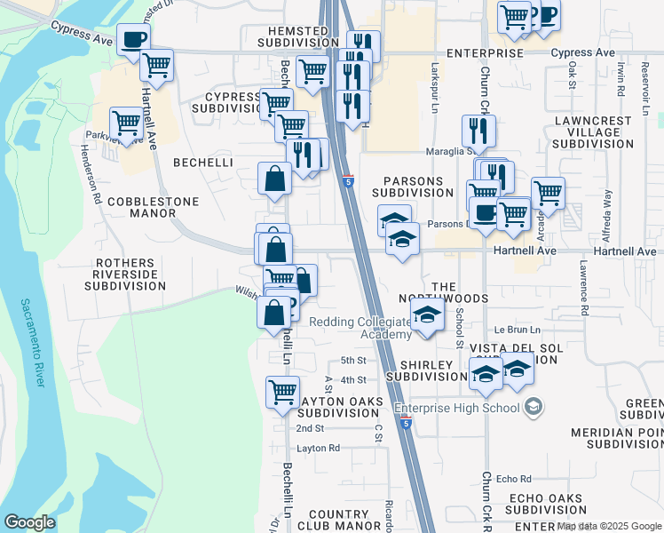 map of restaurants, bars, coffee shops, grocery stores, and more near 585 Hartnell Avenue in Redding