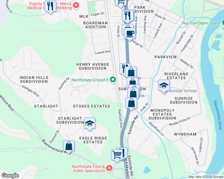 map of restaurants, bars, coffee shops, grocery stores, and more near 3592 Railroad Avenue in Redding