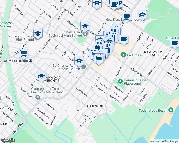 map of restaurants, bars, coffee shops, grocery stores, and more near 2854 Hylan Boulevard in Staten Island