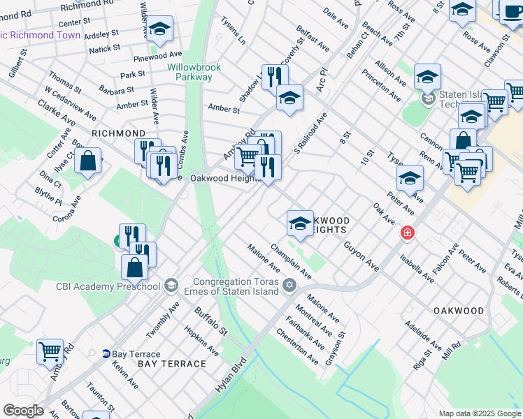 map of restaurants, bars, coffee shops, grocery stores, and more near 130 Adelaide Avenue in Staten Island