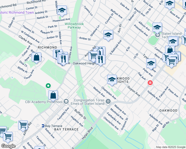 map of restaurants, bars, coffee shops, grocery stores, and more near 1935 South Railroad Avenue in Staten Island
