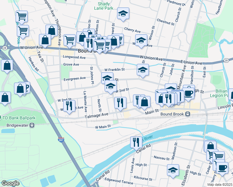 map of restaurants, bars, coffee shops, grocery stores, and more near 49 Van Keuren Avenue in Bound Brook