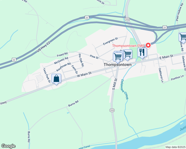 map of restaurants, bars, coffee shops, grocery stores, and more near 400 West Main Street in Thompsontown