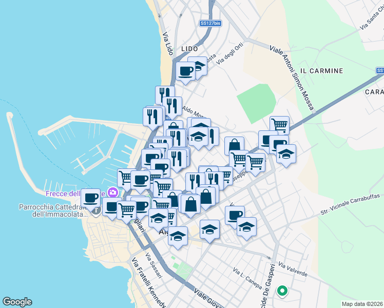 map of restaurants, bars, coffee shops, grocery stores, and more near 2A Via Sebastiano Satta in Alghero