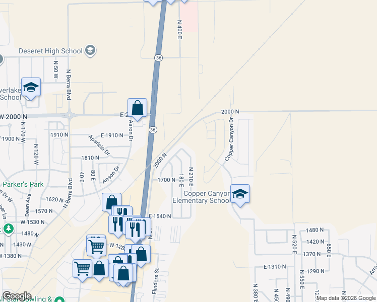 map of restaurants, bars, coffee shops, grocery stores, and more near 1814 North 210 East in Tooele