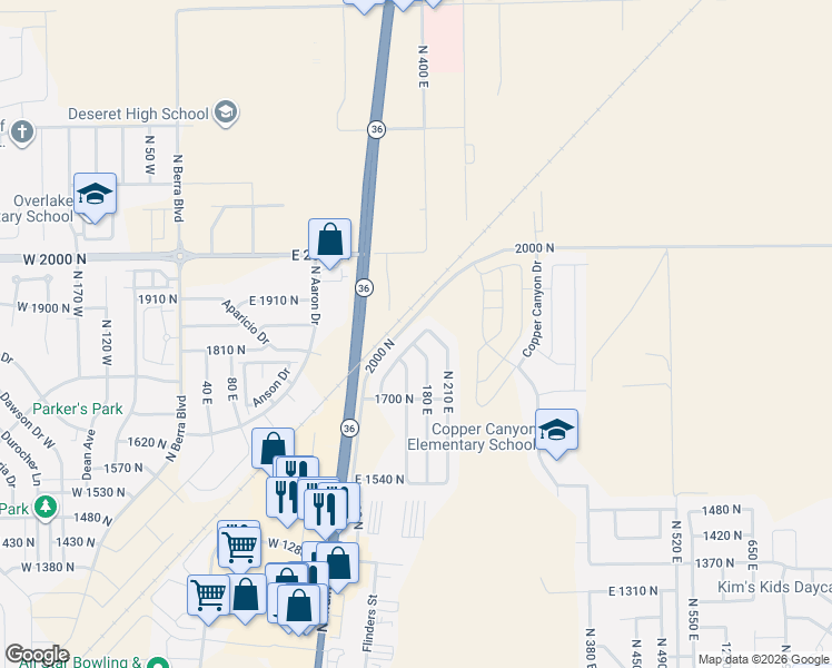 map of restaurants, bars, coffee shops, grocery stores, and more near 159 Green Pines Drive in Tooele