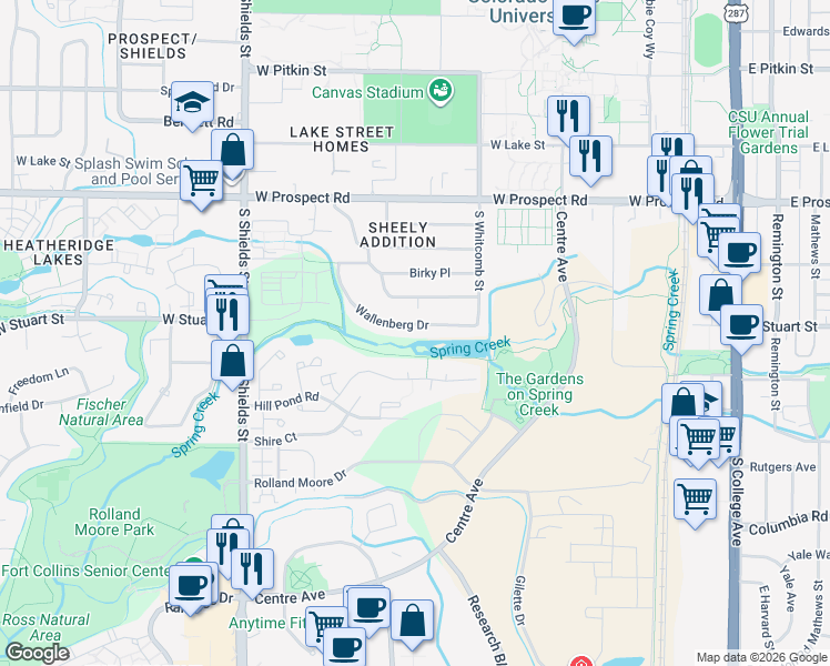 map of restaurants, bars, coffee shops, grocery stores, and more near 1905 Wallenberg Drive in Fort Collins