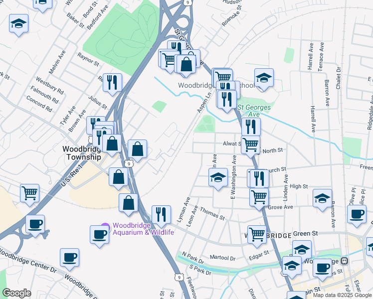 map of restaurants, bars, coffee shops, grocery stores, and more near 122 Willry Street in Woodbridge Township