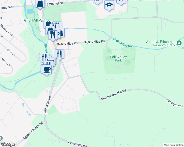 map of restaurants, bars, coffee shops, grocery stores, and more near 2011 Springtown Hill Road in Hellertown