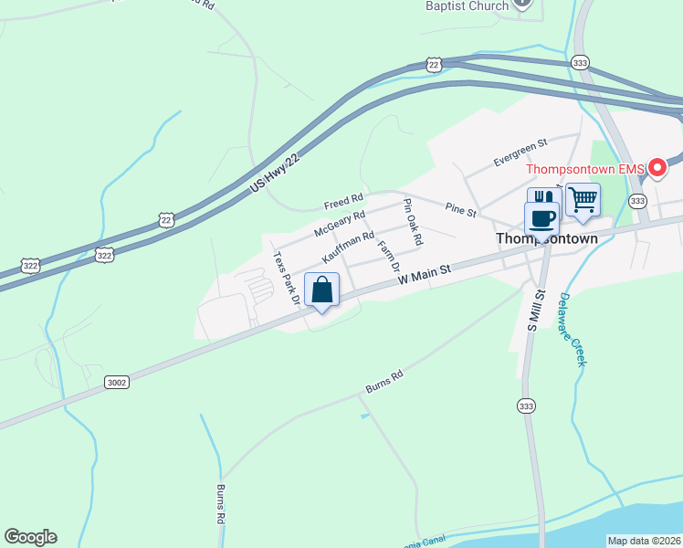 map of restaurants, bars, coffee shops, grocery stores, and more near 61 Poplar Drive in Thompsontown
