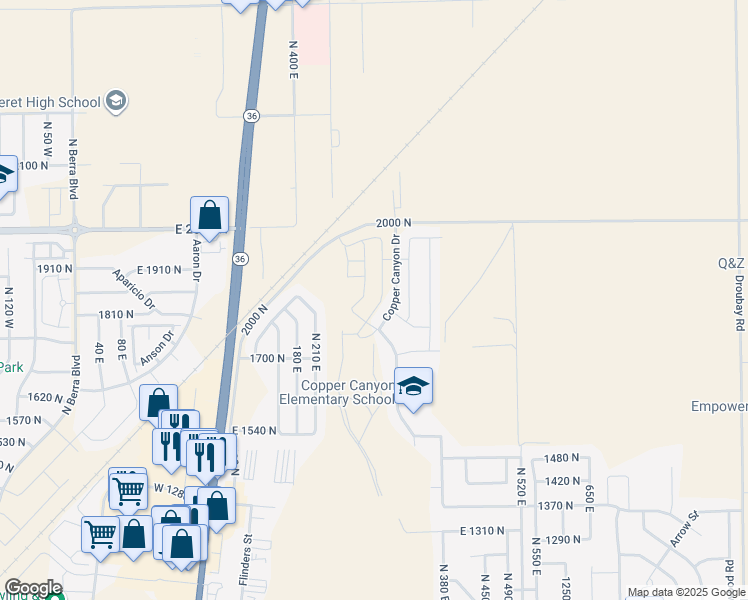 map of restaurants, bars, coffee shops, grocery stores, and more near 1833 North Blue Iris Avenue in Tooele