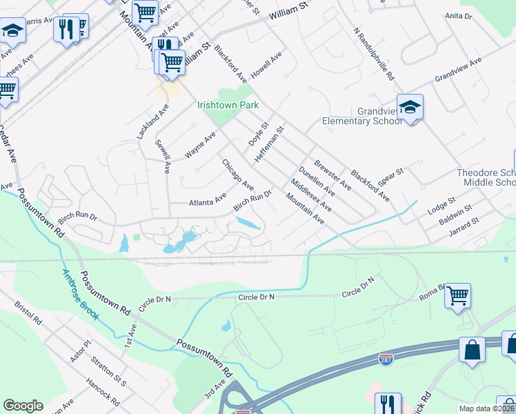 map of restaurants, bars, coffee shops, grocery stores, and more near 378 Keswick Drive in Piscataway