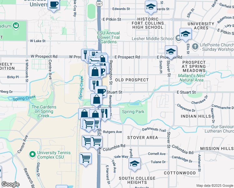 map of restaurants, bars, coffee shops, grocery stores, and more near 1808 Remington Street in Fort Collins