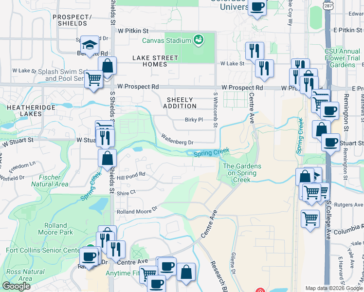 map of restaurants, bars, coffee shops, grocery stores, and more near 1905 Wallenberg Dr in Fort Collins