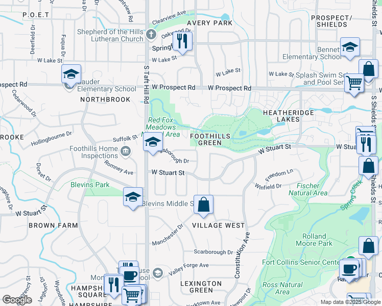 map of restaurants, bars, coffee shops, grocery stores, and more near 1941 Promenade Way in Fort Collins