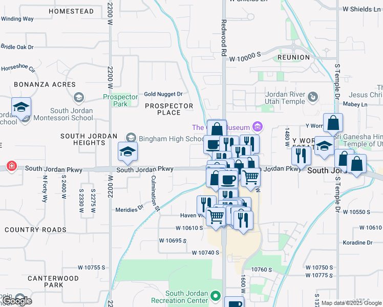 map of restaurants, bars, coffee shops, grocery stores, and more near 1844 South Jordan Parkway West in South Jordan