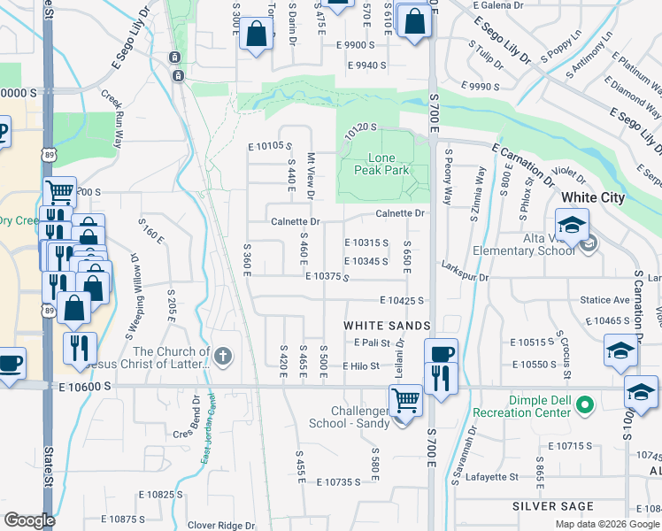 map of restaurants, bars, coffee shops, grocery stores, and more near 489 East 10375 South in Sandy