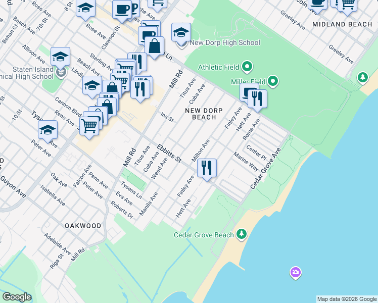 map of restaurants, bars, coffee shops, grocery stores, and more near 165 Milton Avenue in Staten Island