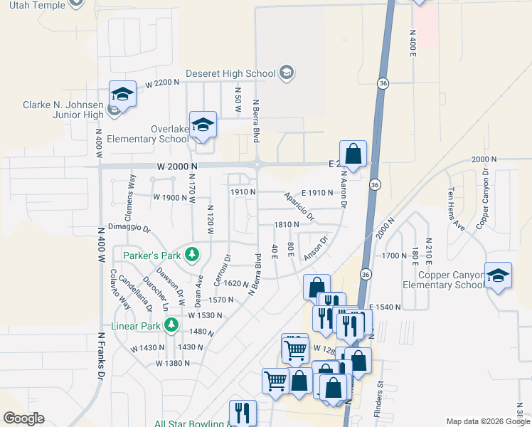 map of restaurants, bars, coffee shops, grocery stores, and more near 26 East 1860 North in Tooele