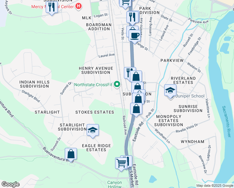 map of restaurants, bars, coffee shops, grocery stores, and more near 3586 Railroad Avenue in Redding