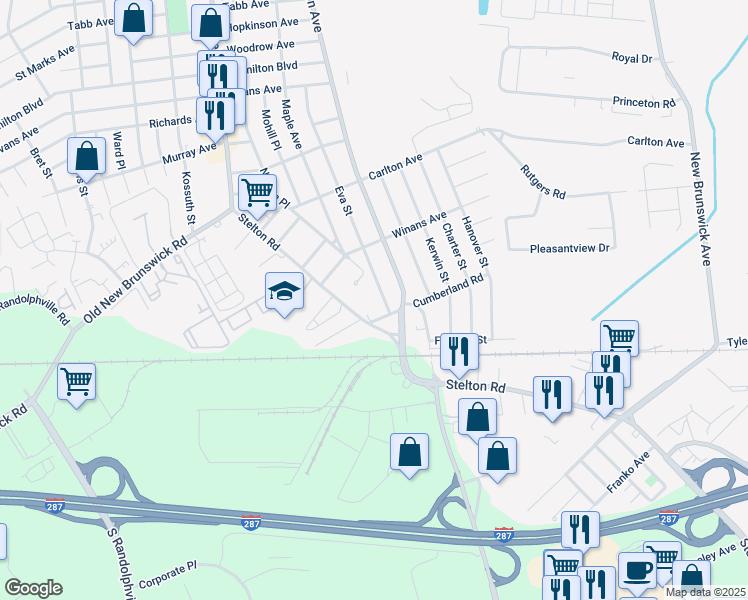map of restaurants, bars, coffee shops, grocery stores, and more near 387 Stelton Road in Piscataway