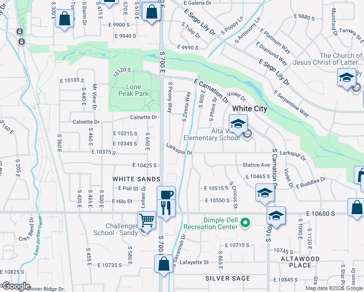 map of restaurants, bars, coffee shops, grocery stores, and more near 10351 South Zinnia Way in Sandy