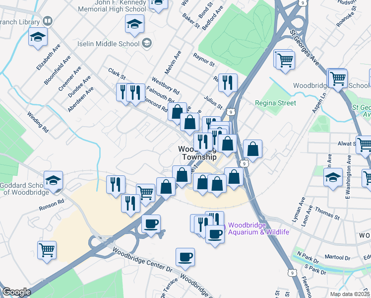 map of restaurants, bars, coffee shops, grocery stores, and more near 30 Montague Avenue in Woodbridge Township