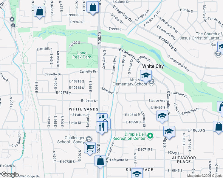 map of restaurants, bars, coffee shops, grocery stores, and more near 10351 South Zinnia Way in Sandy