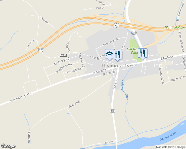 map of restaurants, bars, coffee shops, grocery stores, and more near 400 West Main Street in Thompsontown