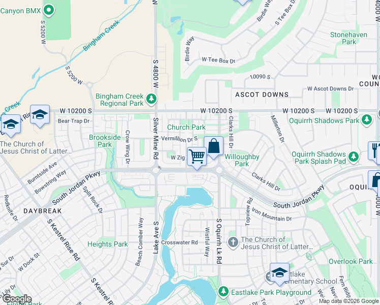 map of restaurants, bars, coffee shops, grocery stores, and more near 10347 Rubicon Road in South Jordan