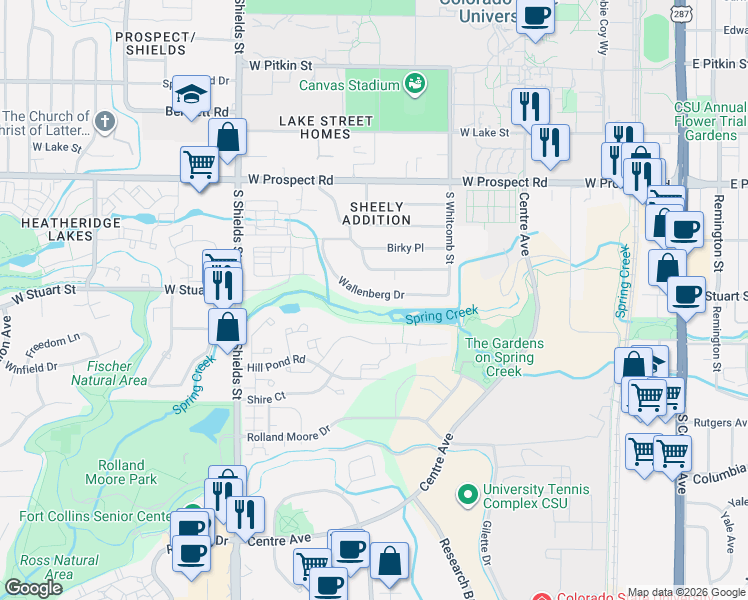 map of restaurants, bars, coffee shops, grocery stores, and more near 1905 Wallenberg Drive in Fort Collins