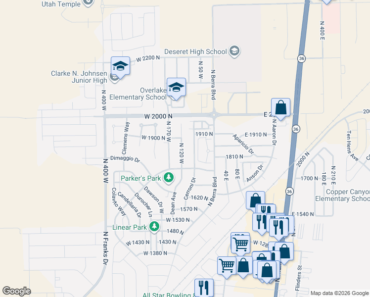 map of restaurants, bars, coffee shops, grocery stores, and more near 1821 North 70 West in Tooele
