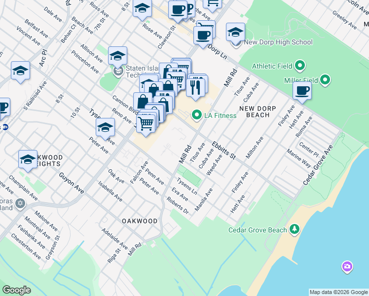 map of restaurants, bars, coffee shops, grocery stores, and more near 265 Mill Road in Staten Island